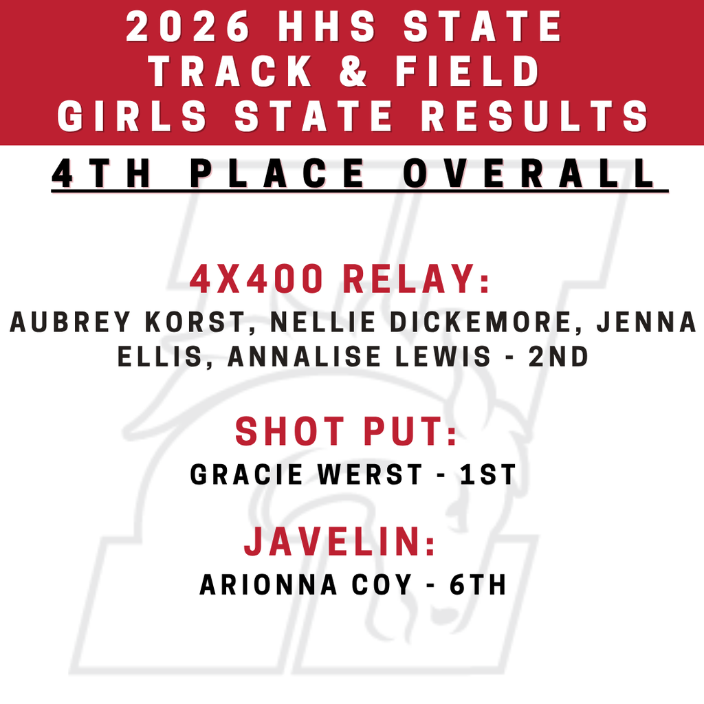 2026 HHS state  Track & Field  GIRLS state results. 4TH PLACE OVERALL. 4X400 relay:   aubrey korst, nellie dickemore, jenna ellis, annalise lewis - 2nd  shot put:  gracie werst - 1st  javelin:   arionna coy - 6th