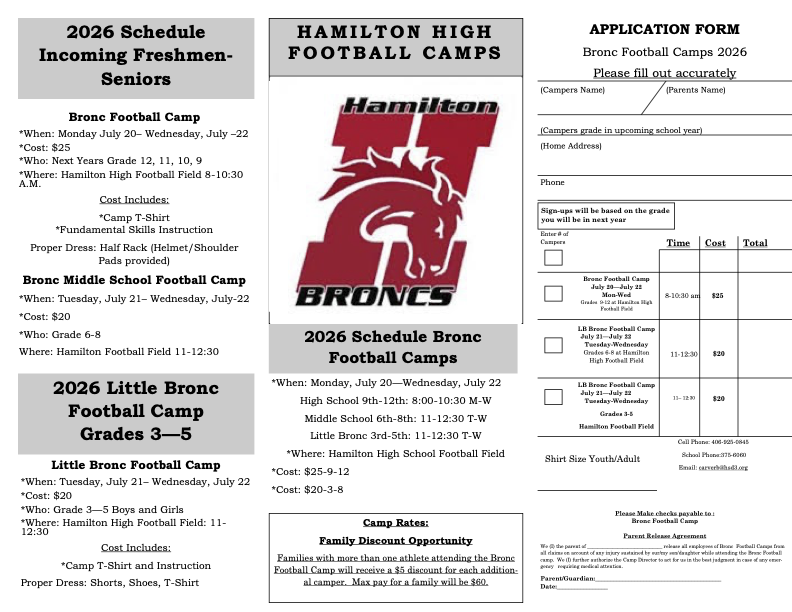 Incoming 9th-12th - July 20th, 21st, and 22nd 8:00-10:30 Incoming 3rd-8th - July 21st, 22nd 11:00-12:30  Students can sign up on the day of camp, pick up forms from the High School office, or I can email them as well. 