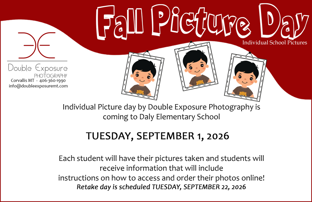 Daly elementary picture day is tues, sept 1, 2026. each student will have their pictures taken and students will receive information that will include instructions on how to access and order their photos online. retake day is scheduled tues, sept 22, 2026