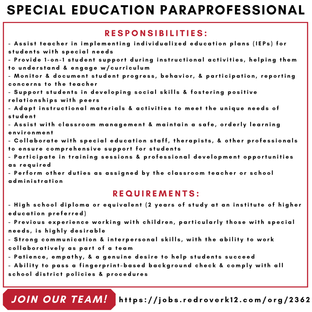Special Education Paraprofessional responsibilities & requirements for employment.  Apply at www.hsd3.org.