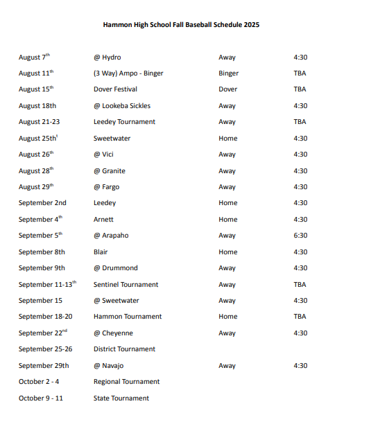HS Baseball Schedule Fall 2025
