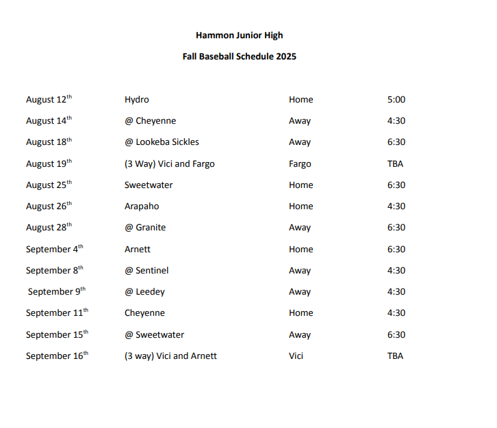 JH Baseball Schedule Fall 2025