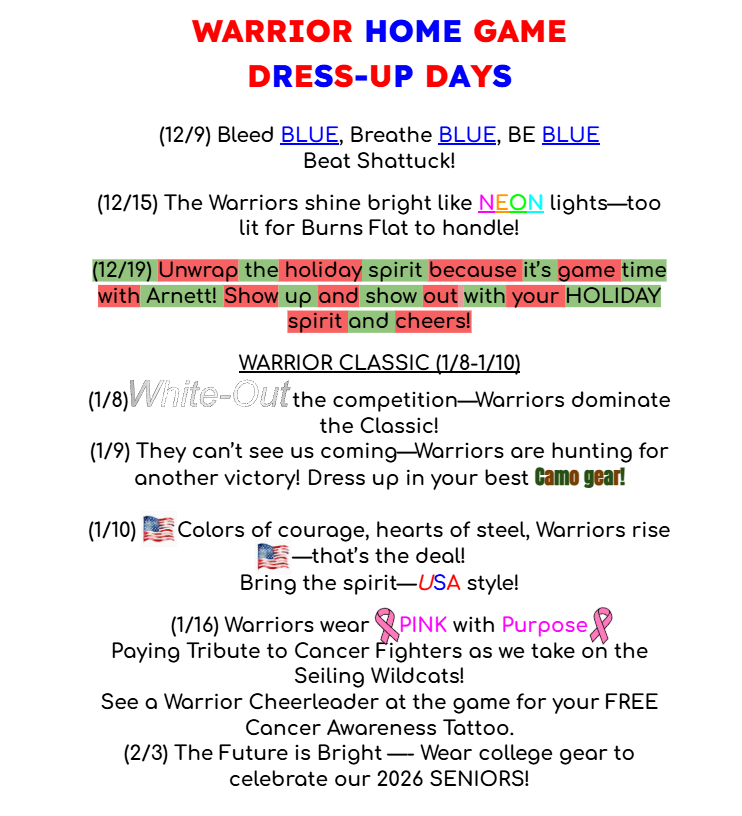 Warrior Home Game Dress Up Days