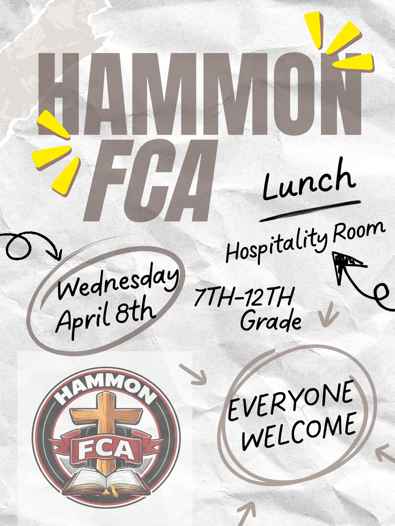 Hammon FCA Flyer announcing  a Huddle scheduled for Wednesday April 8 at lunchtime in the hospitality room .  