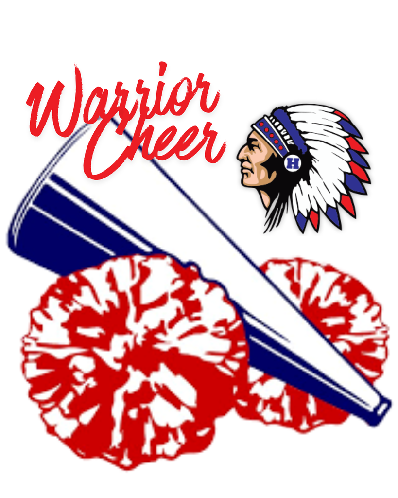 Warrior Cheer Clip Art Logo with a warrior head and red cheer poms and blue megaphone