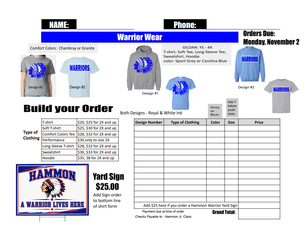 Junior shirt Fundraiser Order Form