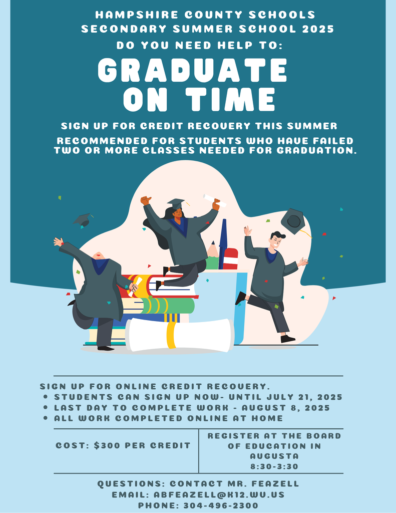 Flyer for Hampshire County Schools Secondary Summer School 2025. The heading reads, "Do you need help to: Graduate On Time" in large bold white letters on a blue background. It encourages students to sign up for credit recovery during the summer, especially those who have failed two or more classes needed for graduation. Below an illustration of three happy graduates in caps and gowns, the flyer provides program details: sign-up is open until July 21, 2025; all work is completed online at home; final work must be done by August 8, 2025. The cost is $300 per credit. Students must register in person at the Board of Education in Augusta between 8:30 and 3:30. Contact information for Mr. Feazell is listed at the bottom with an email address (abfeazell@k12.wv.us) and phone number (304-496-2300).