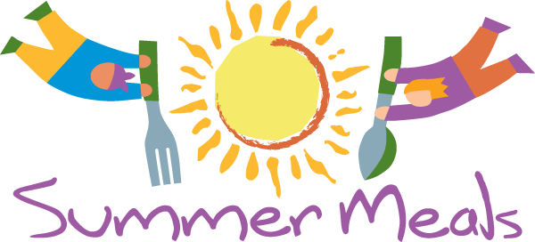 Colorful "Summer Meals" logo featuring a sun in the center with a child on each side—one holding a fork, the other a spoon—symbolizing nutritious meals for children during the summer months. The text "Summer Meals" is written in playful, purple lettering below the image.