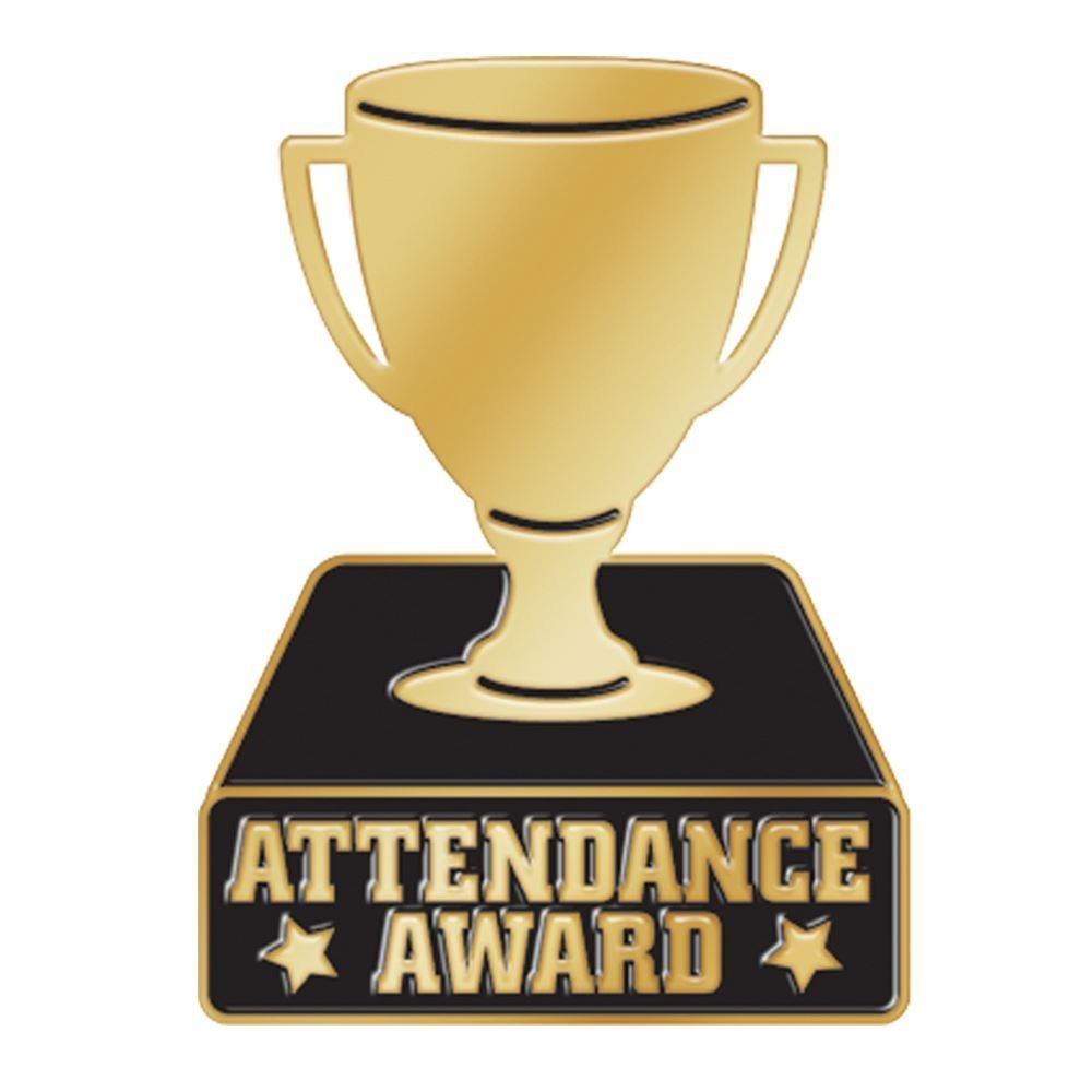 Gold trophy on a black and gold base with the words "ATTENDANCE AWARD" written in bold capital letters, flanked by two gold stars.