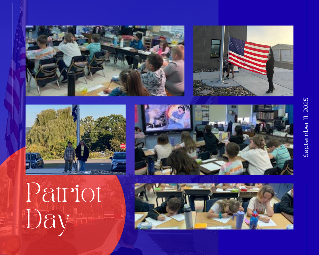 A digital collage honoring Patriot Day, September 11, 2025. The design features multiple photos of students and schools commemorating the day. In one photo, students sit at their desks watching a video lesson. Another shows children writing at their desks. A different image highlights two students raising the American flag outside, while another shows a student holding the flag at half-staff. The background uses shades of blue with an overlay of a faint American flag. On the left side, bold red text reads “Patriot Day,” and the right edge includes the date, “September 11, 2025.