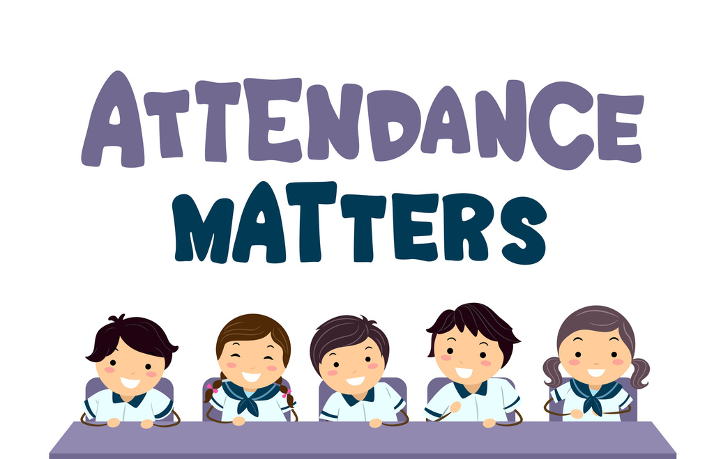 Illustration of five smiling children in school uniforms sitting at a table, with the large words “Attendance Matters” written above them in playful, bold letters.