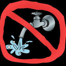 A cartoon-style image of a water faucet with water splashing out, crossed out by a thick red circle and slash, symbolizing no running water or a water outage.
