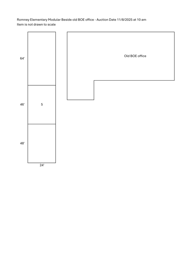 Diagram labeled “Romney Elementary Modular Beside Old BOE Office – Auction Date 11/8/2025 at 10 am.” The layout shows one modular building labeled 5 with dimensions 48x24 and 46x64 next to a larger outlined area marked “Old BOE Office.” The note states that the item is not drawn to scale.