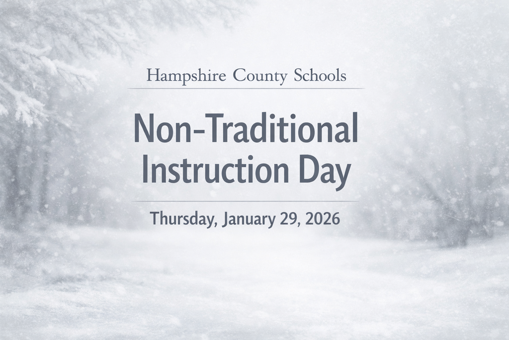 A winter-themed graphic with a soft frost and snow background. The image displays the text “Hampshire County Schools,” “Non-Traditional Instruction Day,” and “Thursday, January 29, 2026” in dark gray lettering.