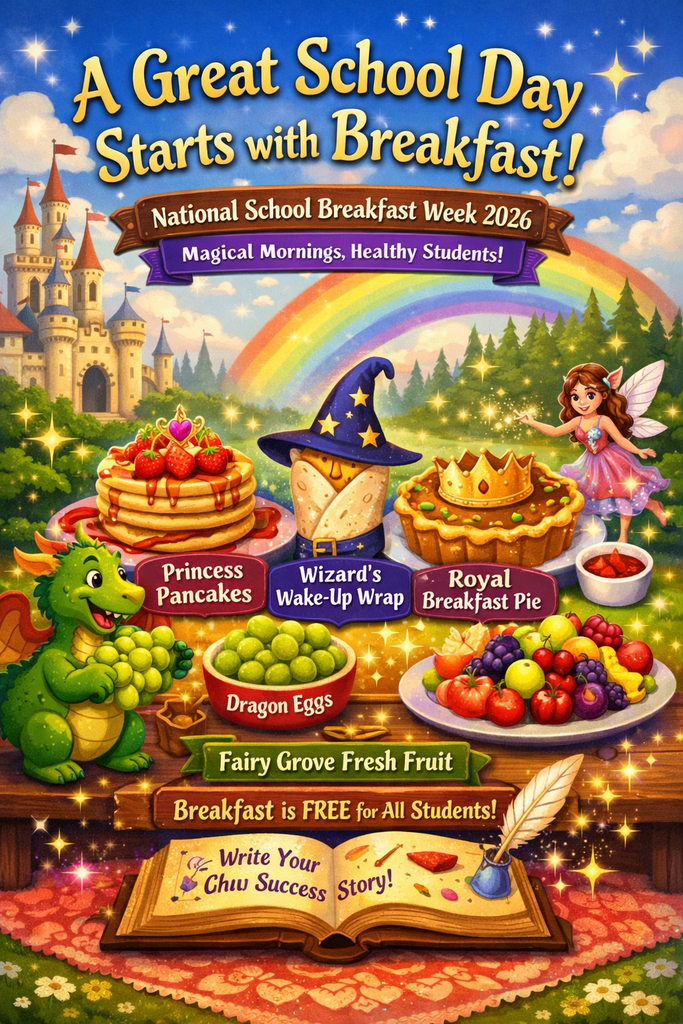 Colorful fairy-tale themed poster promoting National School Breakfast Week 2026. The image shows a castle, rainbow, and sparkles behind breakfast foods on a wooden table, including pancakes labeled “Princess Pancakes,” a wrap labeled “Wizard’s Wake-Up Wrap,” a pie labeled “Royal Breakfast Pie,” bowls of grapes labeled “Dragon Eggs,” and assorted fruit labeled “Fairy Grove Fresh Fruit.” A friendly dragon and fairy appear beside the food. Text reads, “A Great School Day Starts with Breakfast!” and “Breakfast is FREE for All Students.”