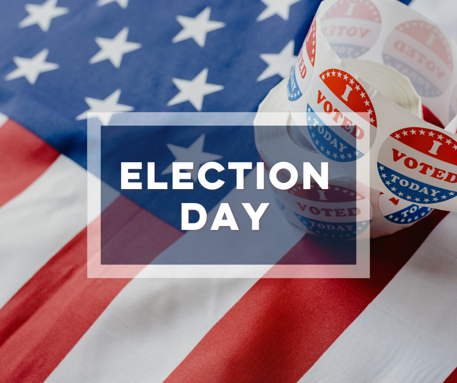 Graphic featuring an American flag background with a roll of “I Voted Today” stickers on the right side. In the center, bold white text reads “Election Day” inside a translucent white rectangular border.
