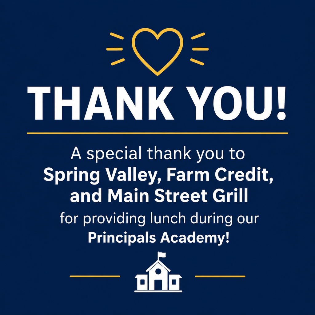 Thank-you graphic recognizing Spring Valley, Farm Credit, and Main Street Grill for providing lunch during the Hampshire County Schools Principals Academy.