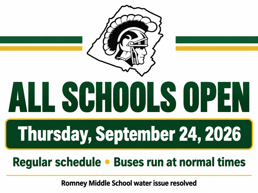 Graphic with the Hampshire County Schools Trojan logo and the words “All Schools Open.” All Hampshire County Schools will operate on a regular schedule Thursday, September 24, 2026. Buses will run at their normal times. The water issue at Romney Middle School has been resolved.