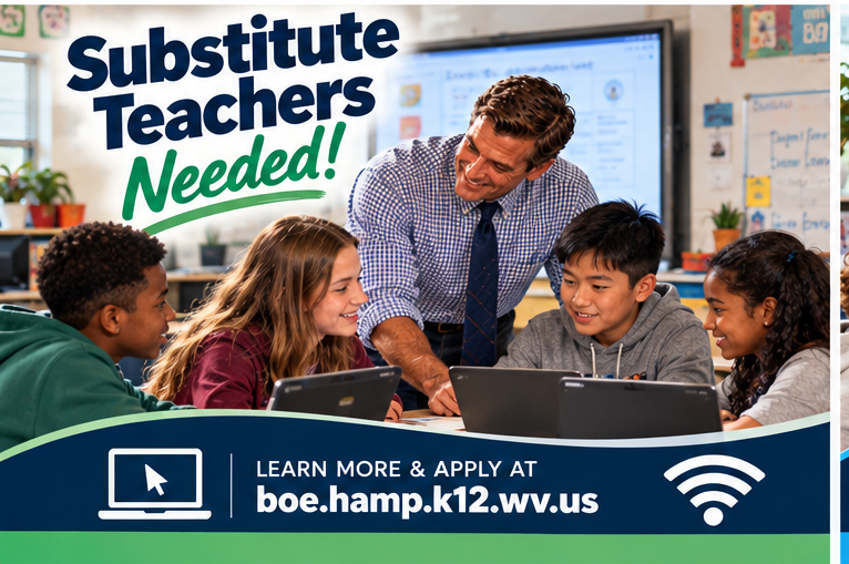 Classroom recruitment graphic featuring a smiling male teacher in a blue checkered shirt and tie assisting a diverse group of students using laptops and tablets. A large interactive classroom display is visible in the background. Navy and green text reads "Substitute Teachers Needed!" A navy banner directs applicants to boe.hamp.k12.wv.us.