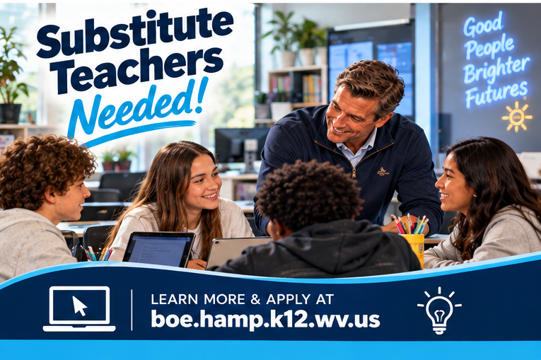Modern classroom recruitment graphic featuring a smiling male teacher in a navy pullover working with students using laptops and tablets. The classroom includes a digital display and modern furnishings. Large navy and blue lettering reads "Substitute Teachers Needed!" The bottom banner includes the website boe.hamp.k12.wv.us.