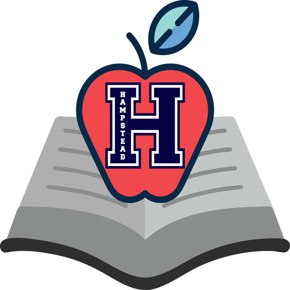 image of red apple with Hampstead written vertically, placed on an open book