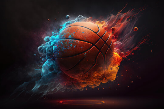 Image of a basketball flying through the air on fire