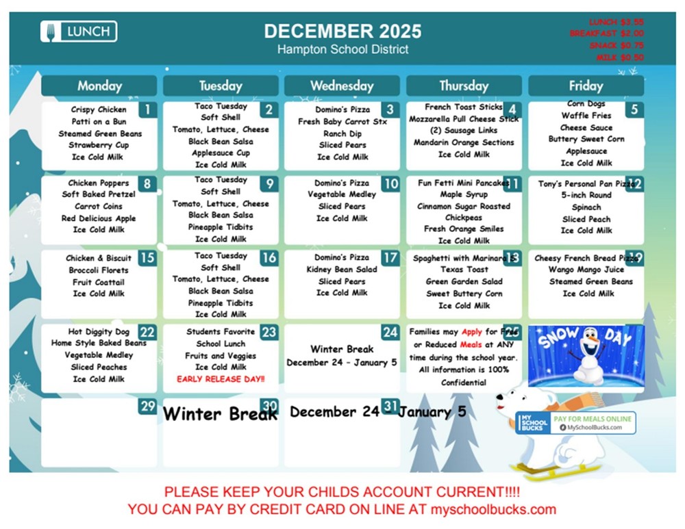 December 2025 Lunch Menu
