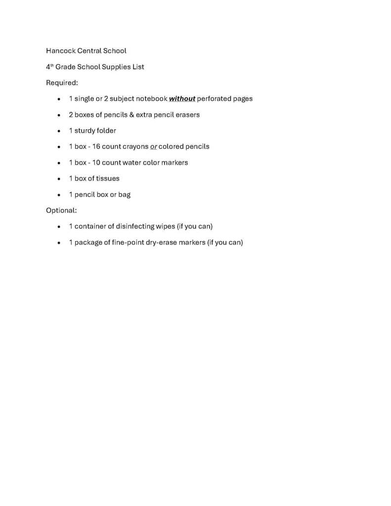 4th Grade School Supply List