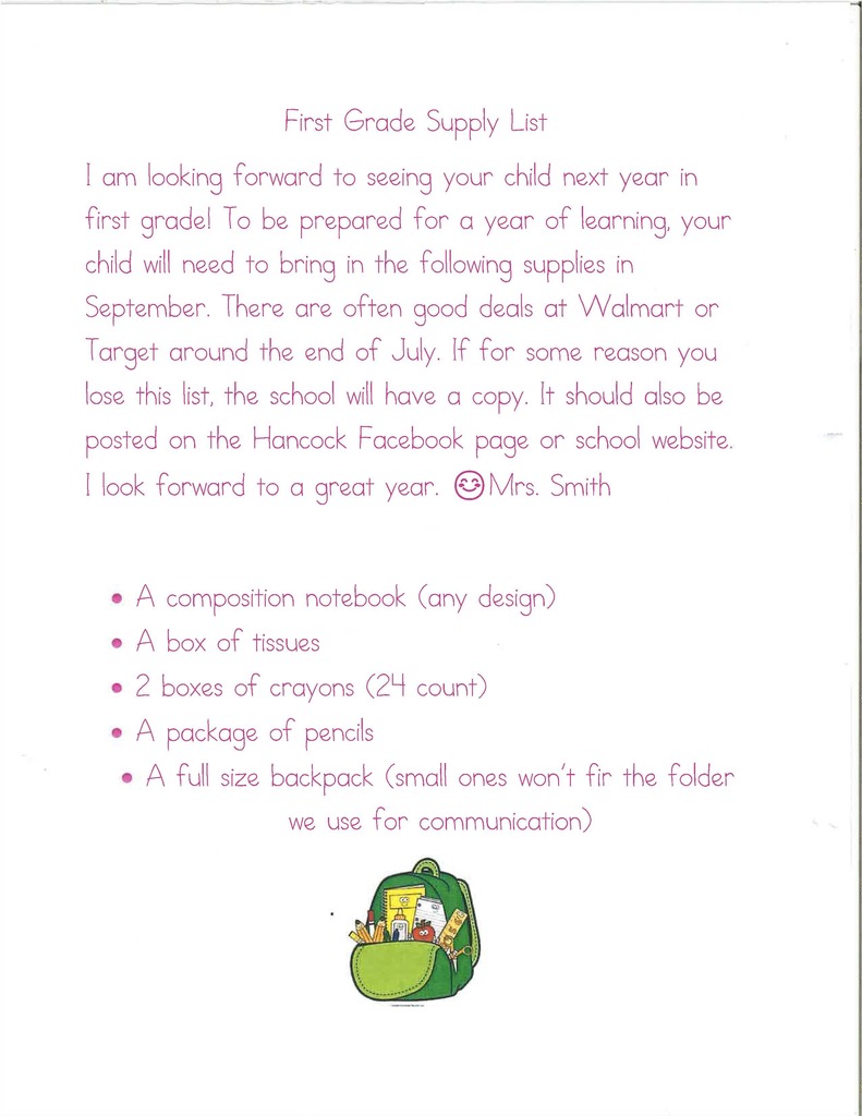1st Grade School Supply List