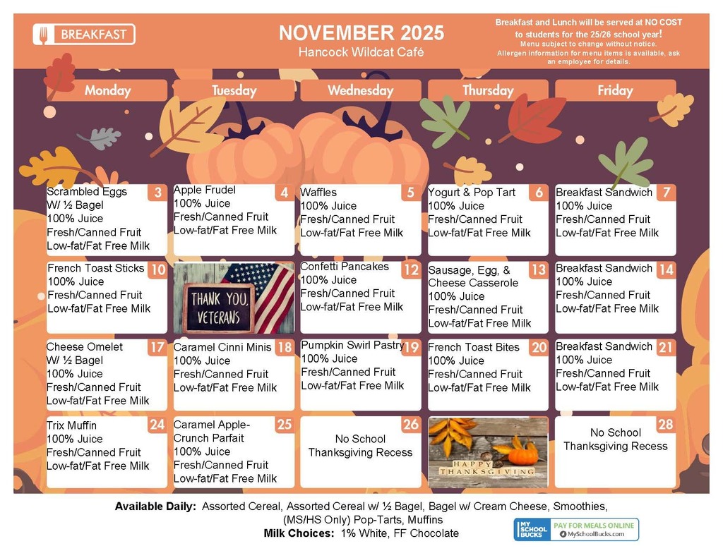 November Breakfast Menu 2025