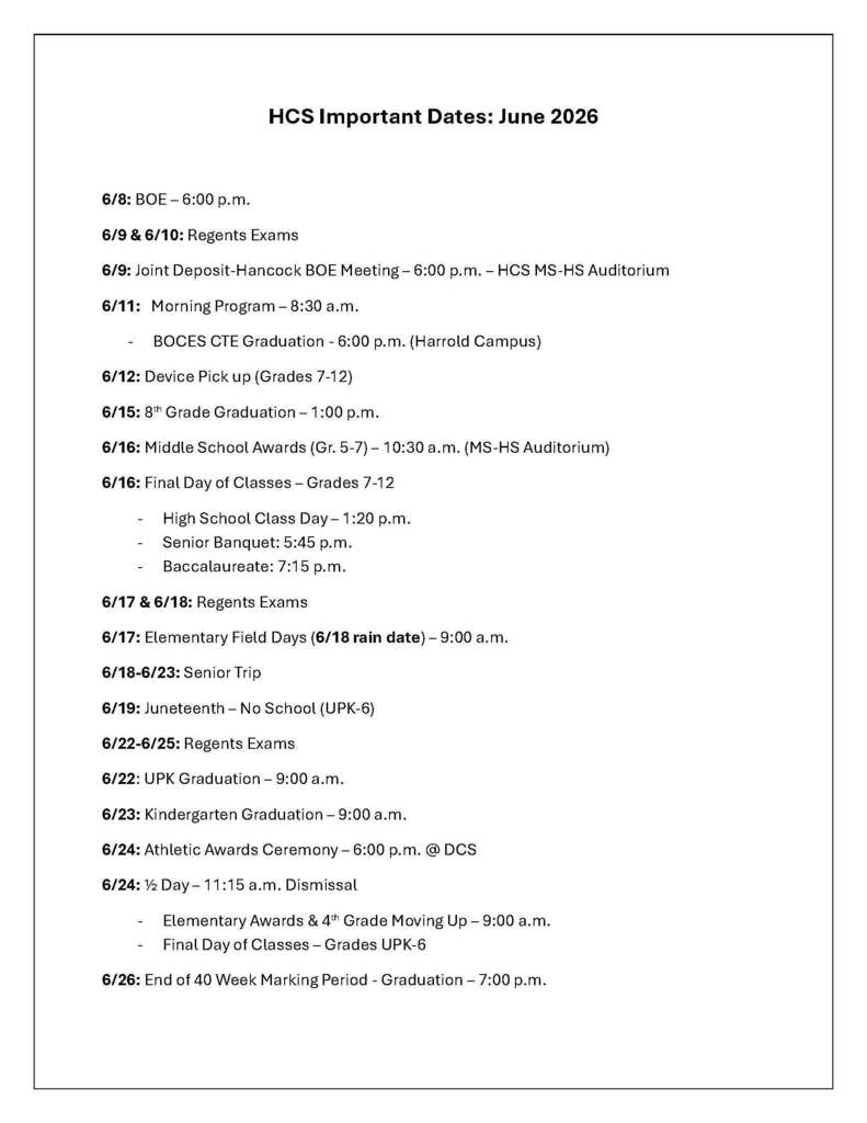 HCS Important Dates - June 2026
