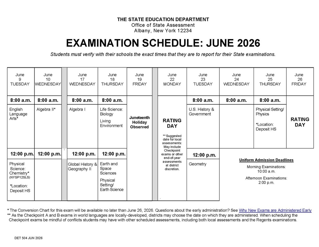 NYS June Regents Examination Schedule