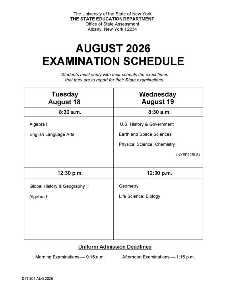 August 2026 Examination Schedule