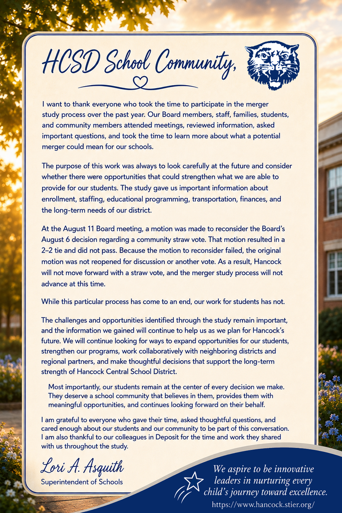 Statement to HCSD School Community from Superintendent Asquith