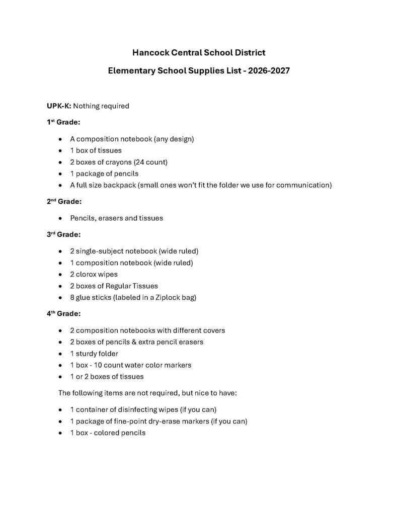 Elementary Back to School List