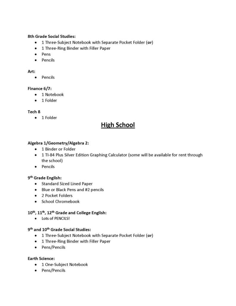 MS-HS Back to School List - 2