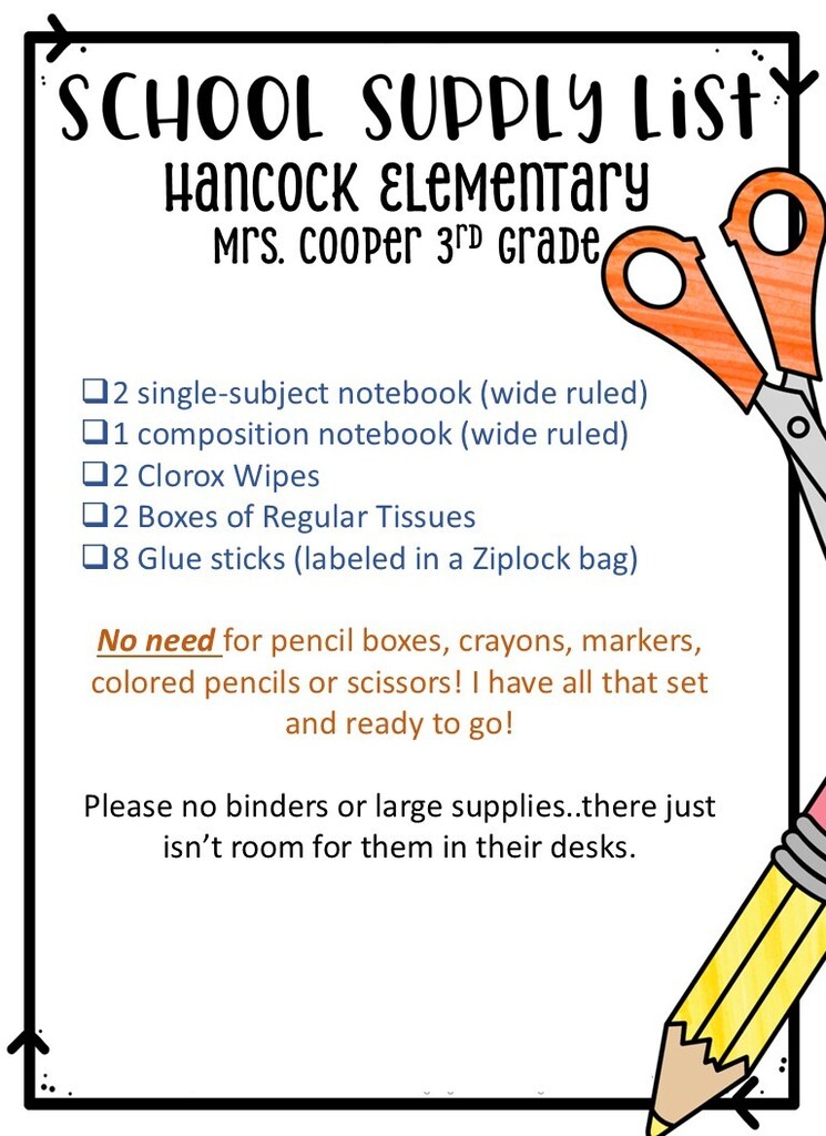 3rd Grade Back to School List
