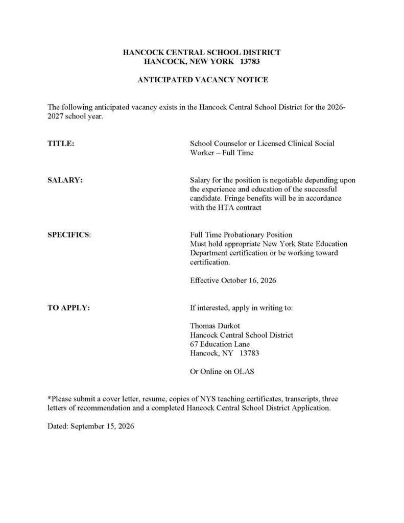 Anticipated Vacancy Notice