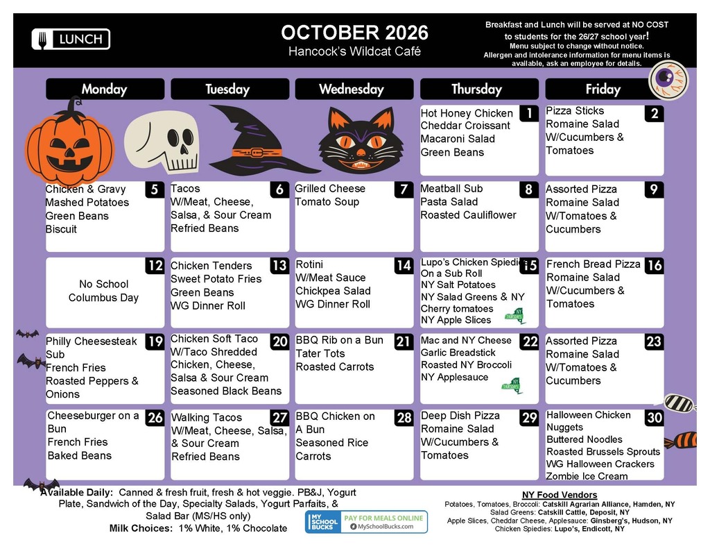 October 2026 Lunch Menu
