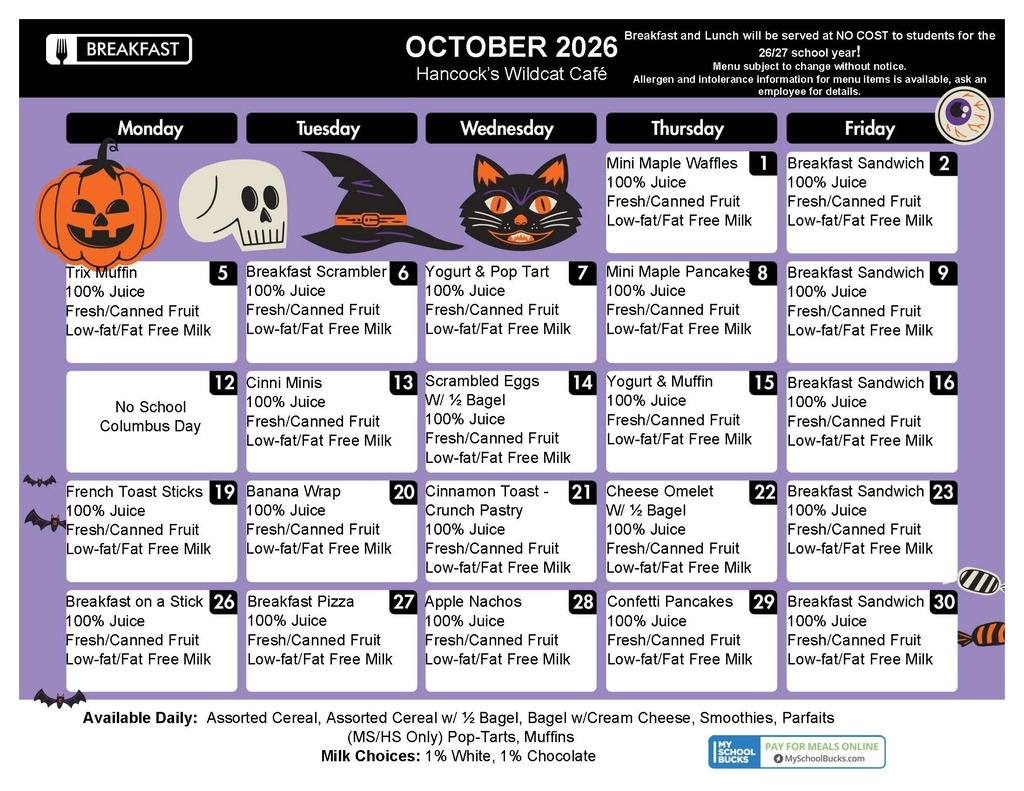 October 2026 Breakfast Menu