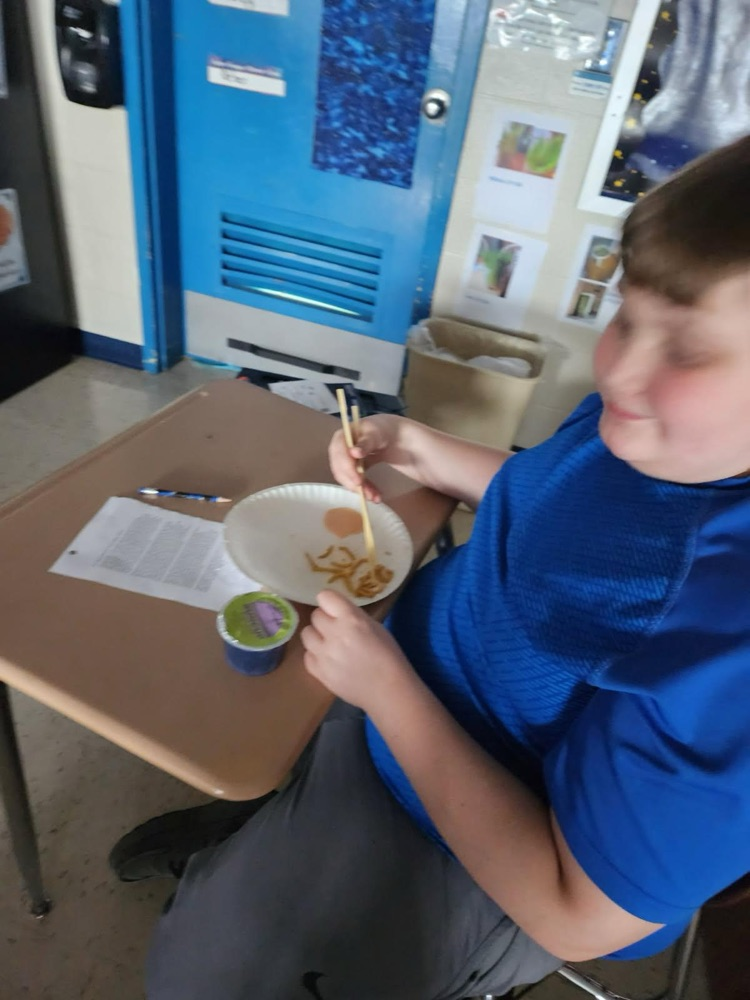 student using chopsticks to eat
