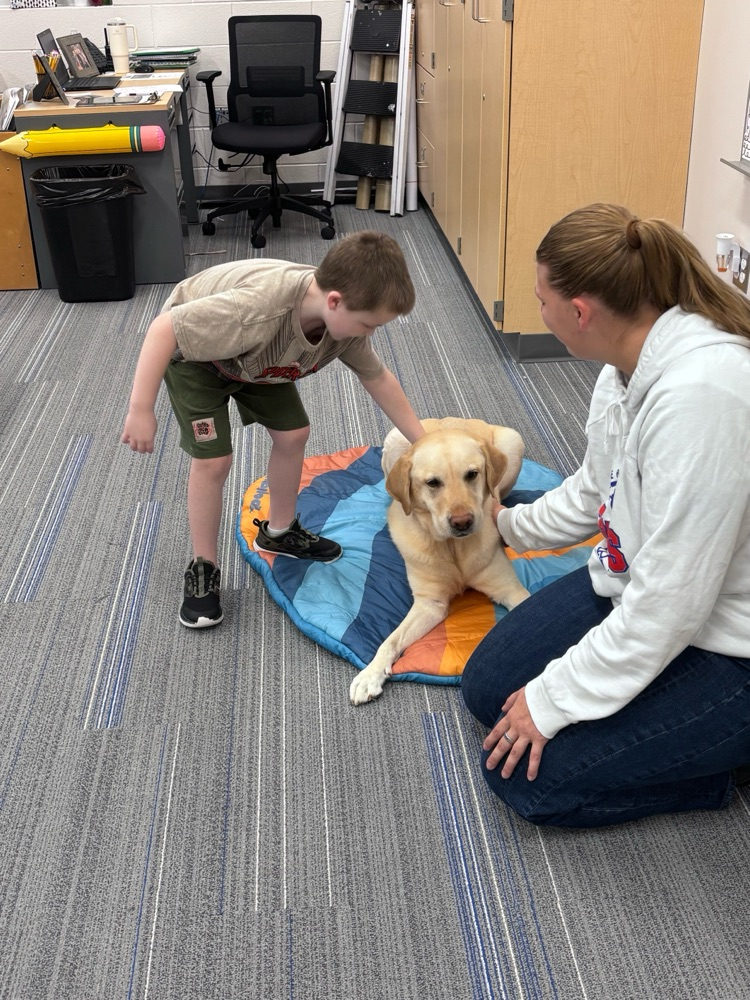 student petting dog
