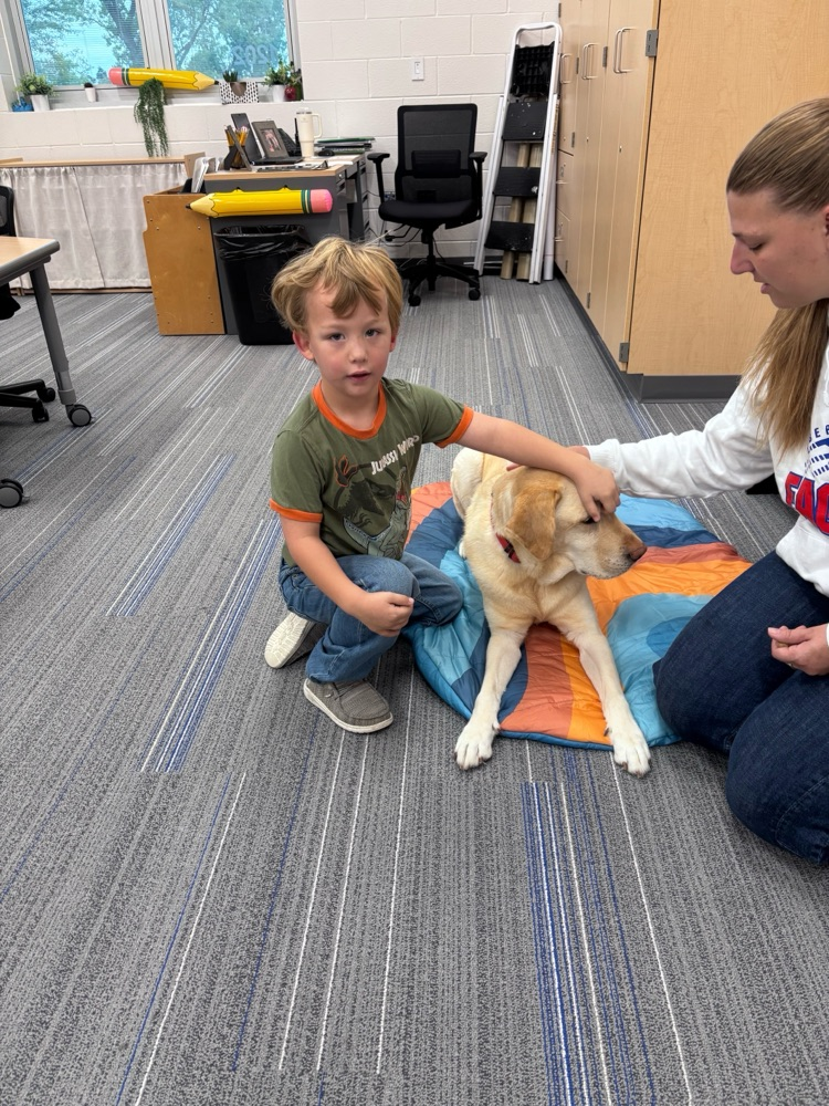student petting dog