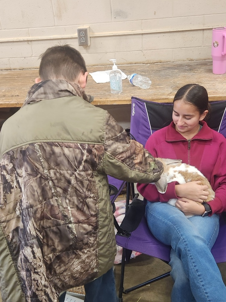 student petting bunny