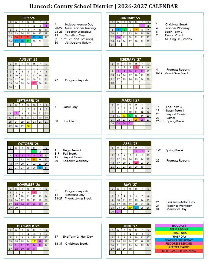HCSD Academic Calendar 2026-2027