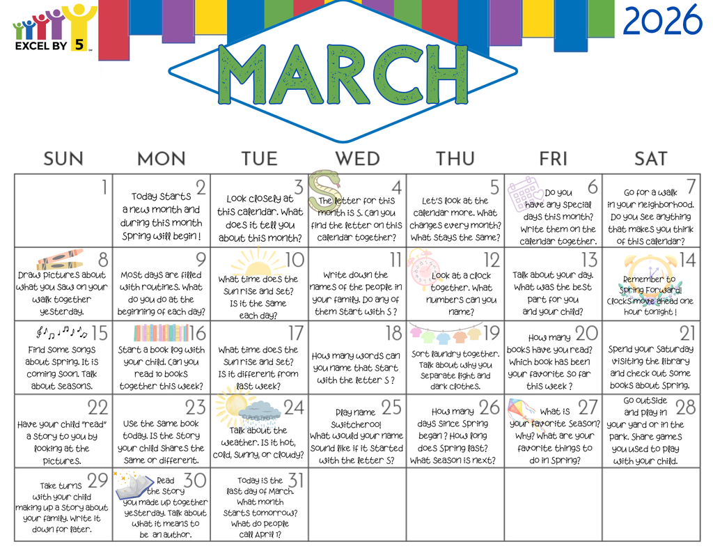 March Excel by 5 Calendar