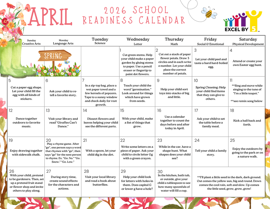 Excel by 5 Early Education Readiness Calendar