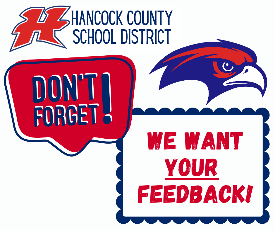 Hancock County School District logo with a hawk mascot and a call for feedback.