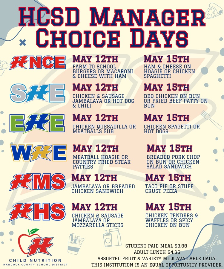 Menu of each school’s manager’s choice options for the week of May 11