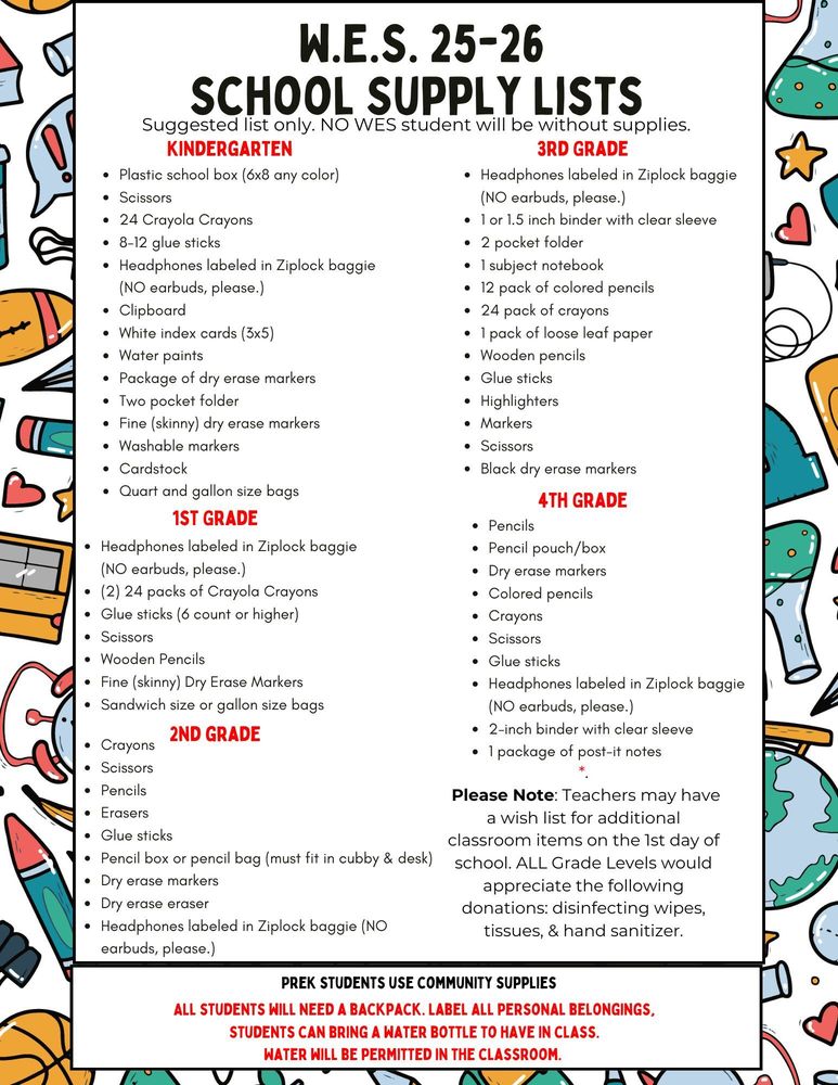 W.E.S. 25-26 School Supply Lists